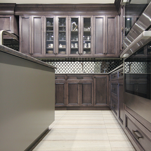 dark kitchen cabinet with glass doors
