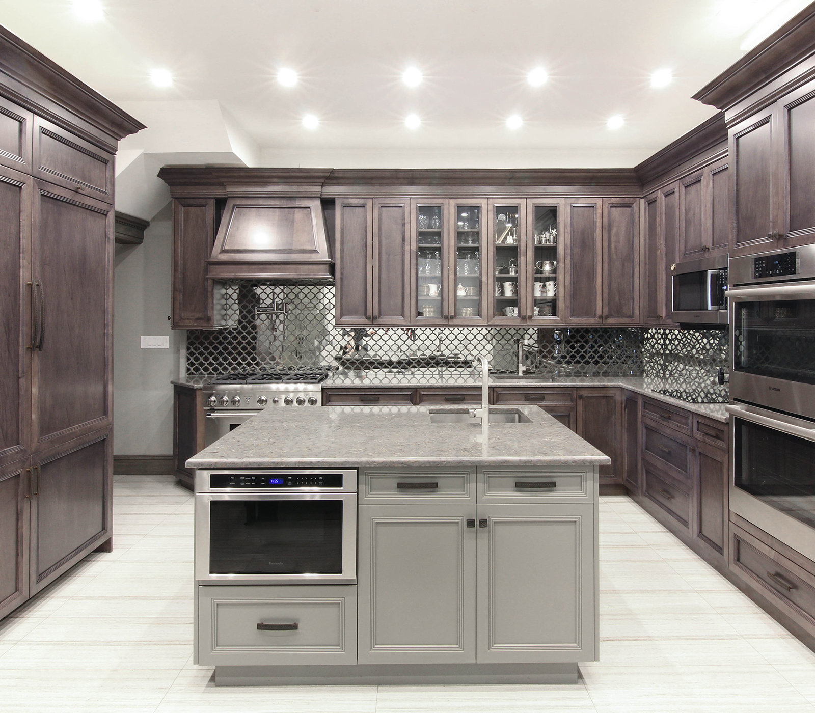 dark stain kitchen with green island