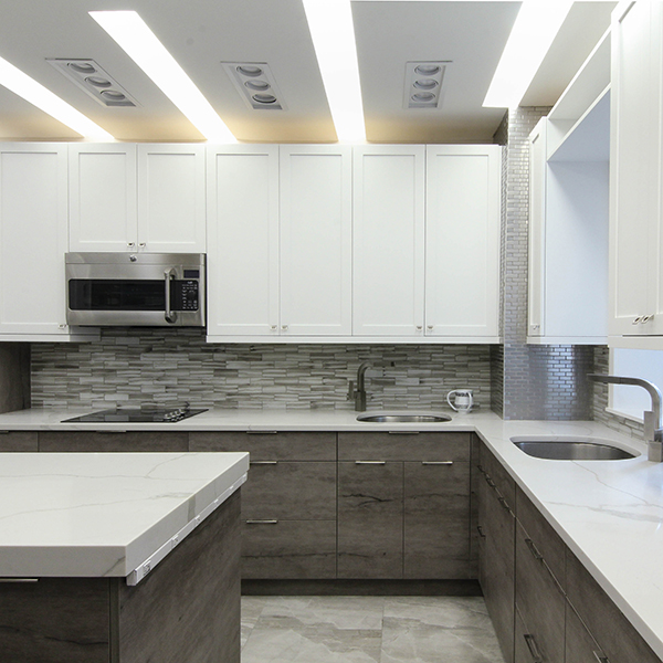 bernier two tone custom kitchen white shaker with european laminate with edge pull